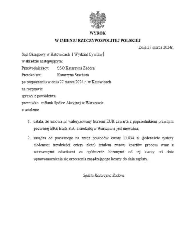 Wyrok sądu w sprawie przeciwko mBank Polska S.A. uznający nieważność kredytu walutowego wypłaconego w euro.