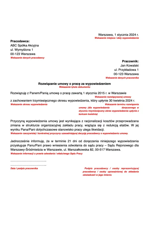 Wzór wypowiedzenia umowy o pracę z przykładowymi danymi i miejscem na podpis pracodawcy i pracownika.